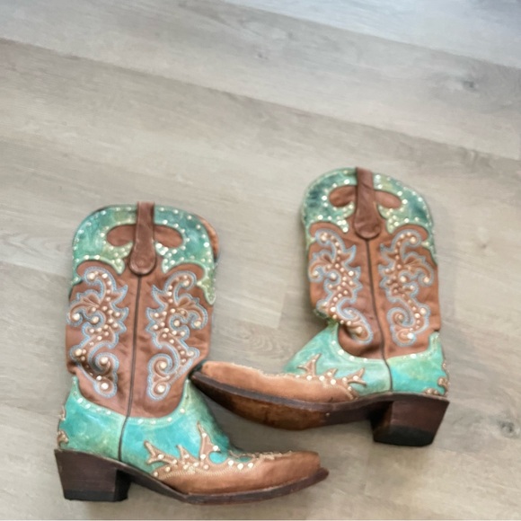 Ferrini Leather Western Boots Turquoise Brown Pointed Toe Studded – Women’s 7.5 - Picture 5 of 14